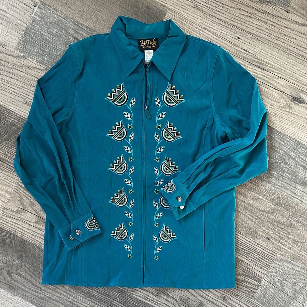 Bob Mackie wearable‎ art Turquoise floral Embroidered Jacket size medium